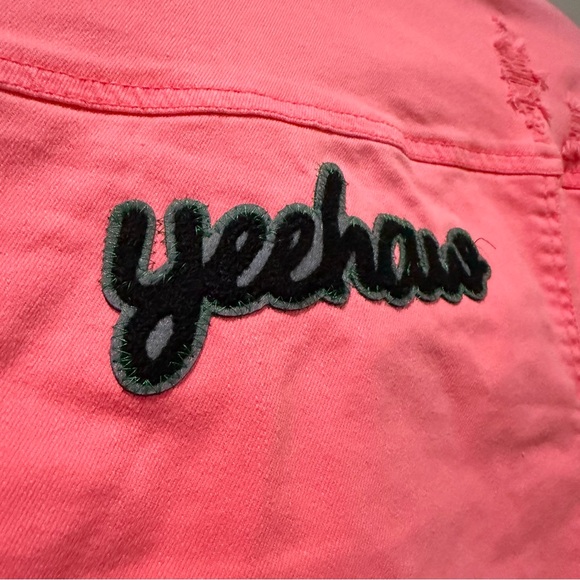 Risen Medium Neon Coral Pink Raw Distressed Hem Denim Gemma Jacket Yeehaw C - Picture 5 of 7